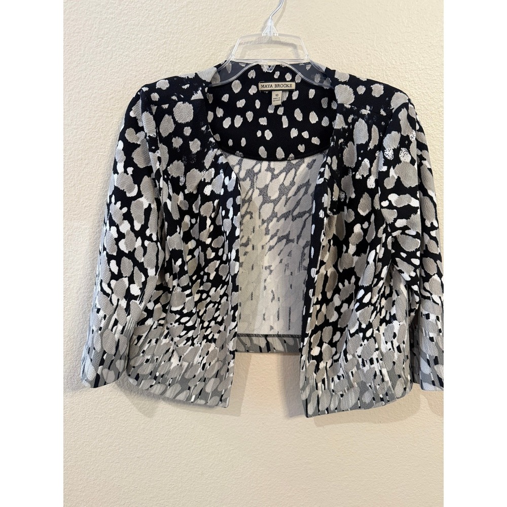 Maya Brooke Open Front Bolero Women 10 Black White Excellent Abstract Dot Shrug